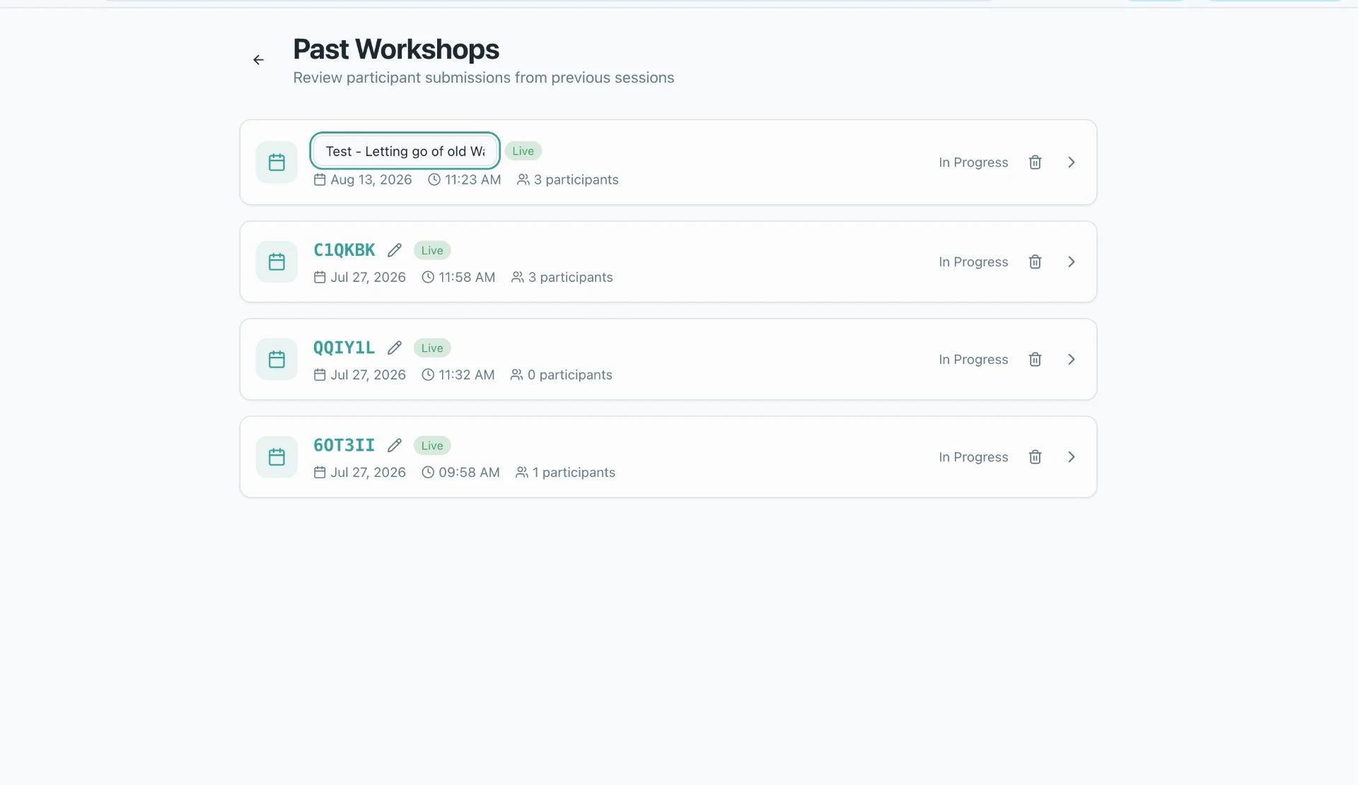 Past Sessions list showing a test session named Test - Letting go of old W...