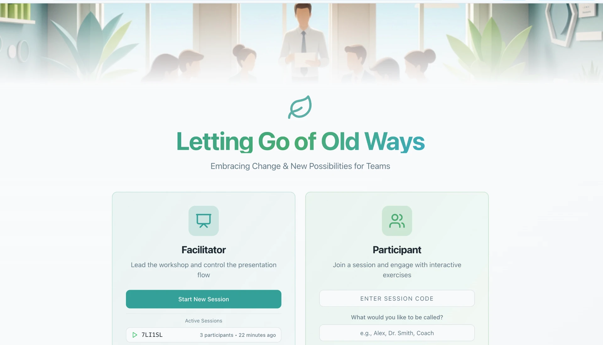 Letting Go of Old Ways workshop homepage showing the Start New Session button