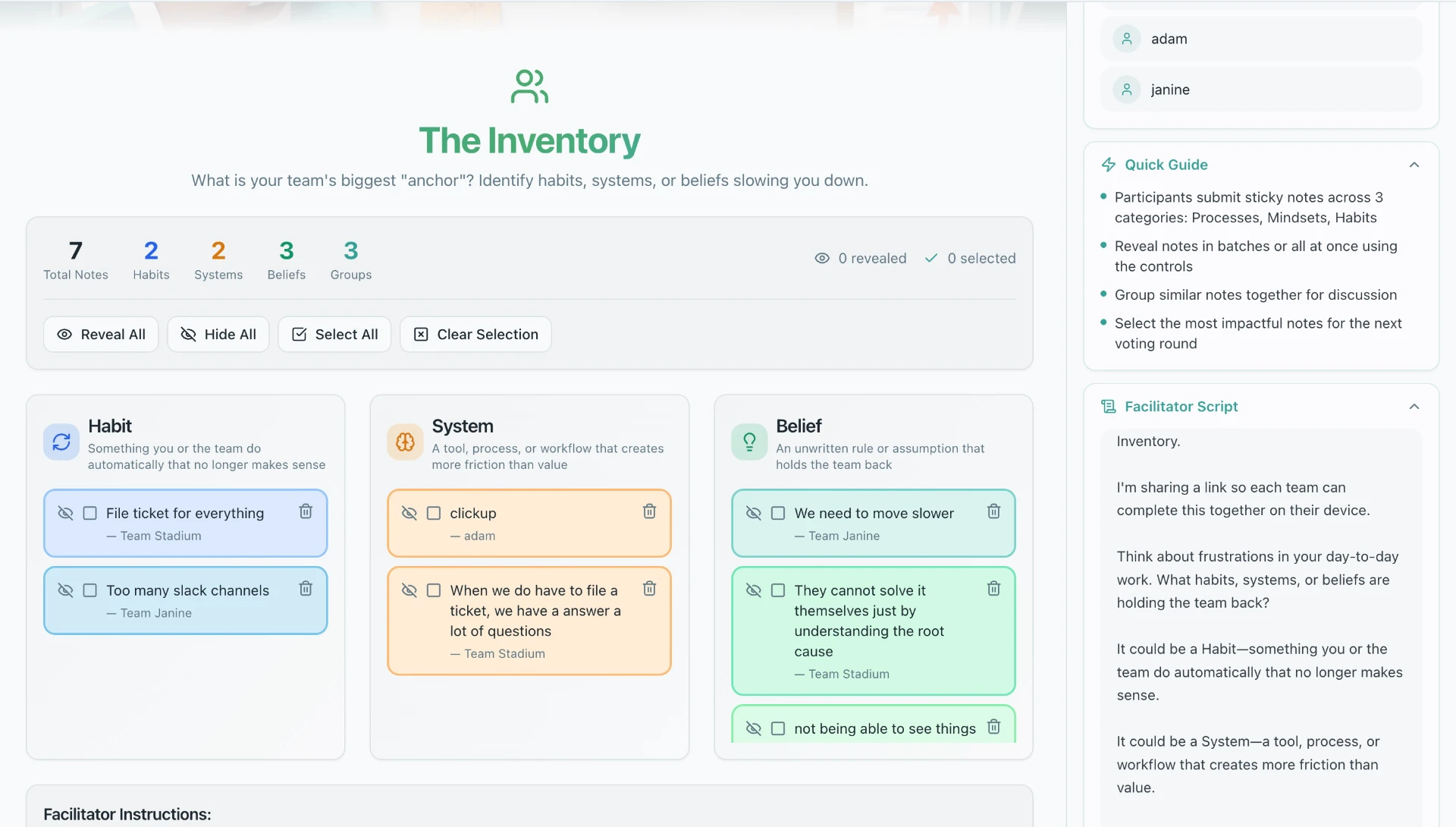 Facilitator view of The Inventory activity showing submitted sticky notes across Habits, Systems, and Beliefs categories