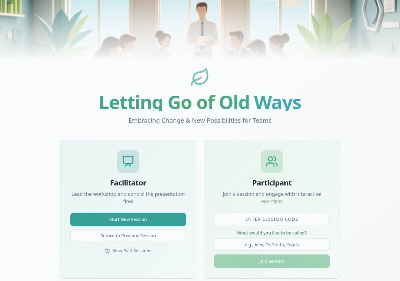 Workshop toolkit homepage showing Facilitator and Participant entry points